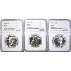 3-1964 KENNEDY HALF DOLLARS, NGC PF-67