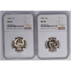 2-1965 JEFFERSON NICKELS, NGC MS-66