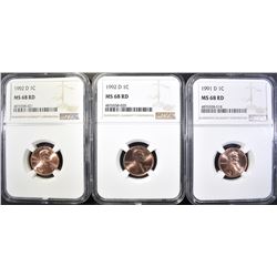1991-D & 2-92-D LINCOLN CENTS, NGC MS-68 RED