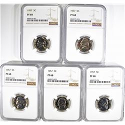 5-1957 JEFFERSON NICKELS, NGC PF-68