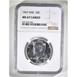1967 SMS KENNEDY HALF DOLLAR, NGC MS-67 CAMEO