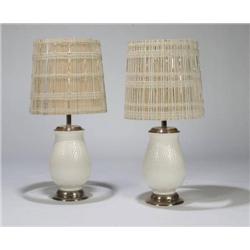 Paul László White porcelain lamps, pair