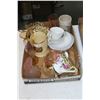 Image 1 : Flat of Misc. Glass Items - Pink Perfume Container, Beer Mug (England), Marmalade Pot (England), etc