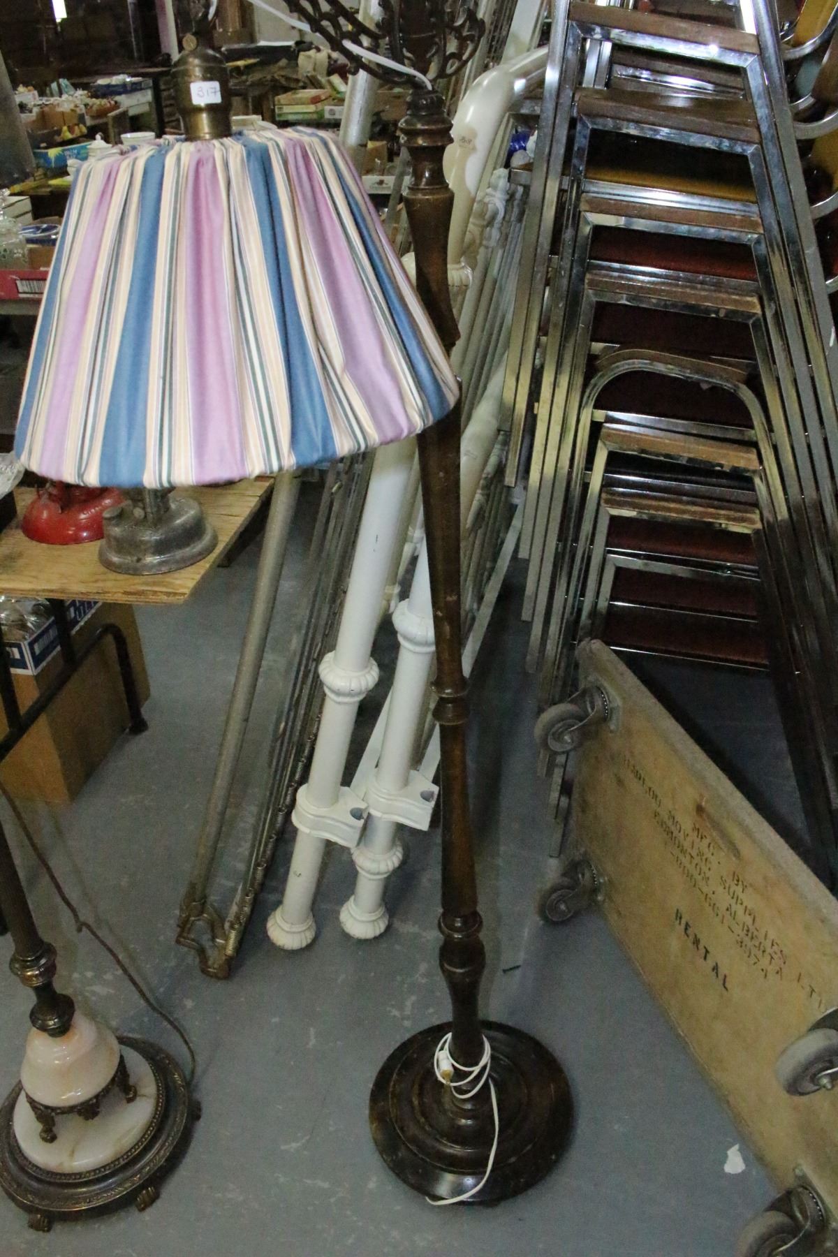 Antique Floor Lamp Wooden Base Striped Fabric Shade