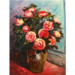 20thc Oil on Canvas Impressionist Painting, Still Life, Pink Roses
