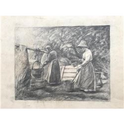 20thc Signed Sketch, Mountain Woman & Boiling Pots