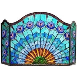 Tiffany-glass Peacock Feather 3pcs Folding Fireplace Screen 48" Wide