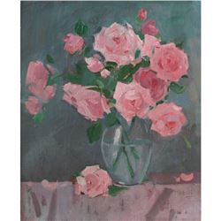 21st Century Ukranian, Signed Still Life Oil On Canvas Painting, Spring Roses