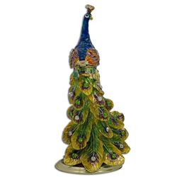 Peacock Sitting on a Clock Trinket Box Figurine 5.5 Inches