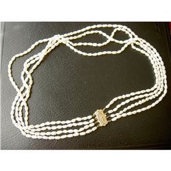 14K YELLOW GOLD LARGE CLASP 4-STRAND FRESHWATER OVAL WHITE PEARL NECKLACE-19"