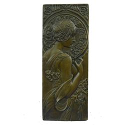 Art Nouveau Bronze Bas Relief Wall Sculpture of Roman Female or Goddess 9.5" x 4"