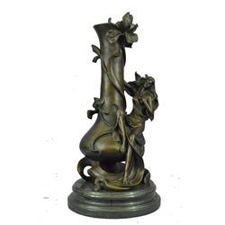 Floral Art Noveau Bronze Vase w/ Female Figure on Marble Base 17" x 8"