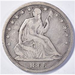 1866-S SEATED HALF DOLLAR,, VF+