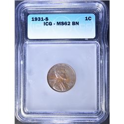 1931-S LINCOLN CENT, ICG MS-62 BN KEY DATE