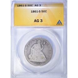 1861-S SEATED HALF DOLLAR, ANACS AG-3