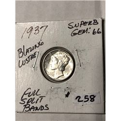 1937 Full Split Bands SUPER B GEM66 Mercury Silver Dime High Grade