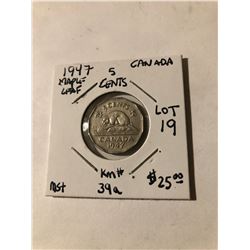 1947 MAPLE LEAF Canada 5 Cents in MS High Grade