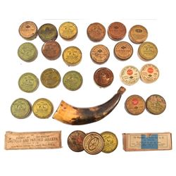 Collection of Antique Percussion Cap Tins & Horn