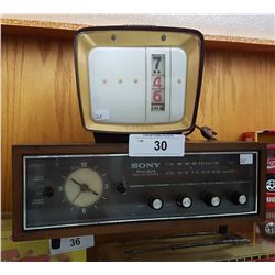 1960'S SONY AM/FM ALARM CLOCK RADIO & VINTAGE TELEVISION CLOCK