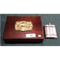 WOOD KEEPSAKE BOX W/FISHING MOTIF & FLASK