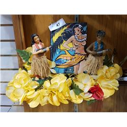 PAIR OF DANCING HULA FIGURES, HULA BOOK & LEI