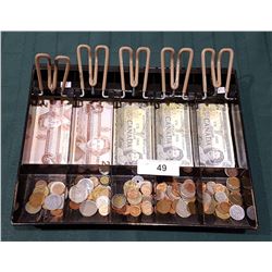 MONEY TRAY W/WORLD COINS & TWO 1986 CANADIAN $2 BILLS & THREE 1973 CANADIAN $1 BILLS