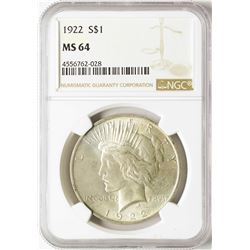 1922 $1 Peace Silver Dollar Coin NGC MS64