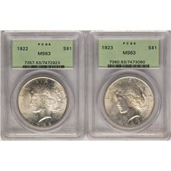 Lot of 1922-1923 $1 Peace Silver Dollar Coin PCGS MS63 Old Green Holder