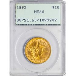 1892 $10 Liberty Head Eagle Gold Coin PCGS MS60 Old Green Rattler