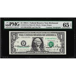 1981A $1 Federal Reserve Note Dual Courtesy Autographs PMG Gem Uncirculated 65EP