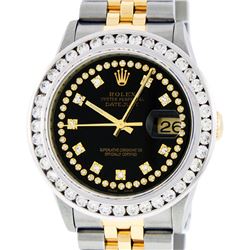 Rolex Mens Two Tone Black String VS 3CTW Channel Set Diamond Datejust Watch
