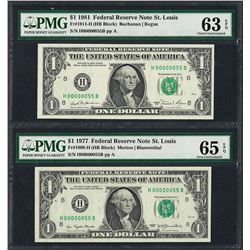 MATCHING LOW SERIAL NUMBERS 1977 & 1981 $1 Federal Reserve Notes PMG Unc. 63/65E