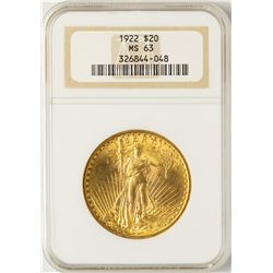 1922 $20 St. Gaudens Double Eagle Gold Coin NGC MS63