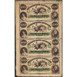 Uncut Sheet of 1800's $100 Citizens Bank of Louisiana Obsolete Notes