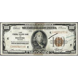 1929 $100 Federal Reserve Note Richmond Virginia