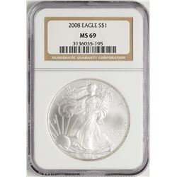 2008 $1 American Silver Eagle Coin NGC MS69