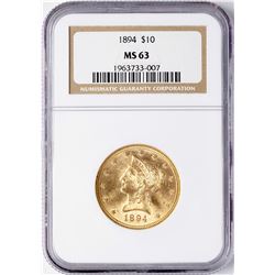 1894 $10 Liberty Head Eagle Gold Coin NGC MS63