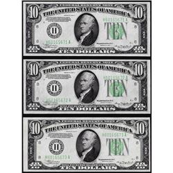 Lot of (3) Consecutive 1934A $10 Federal Reserve Notes St. Louis