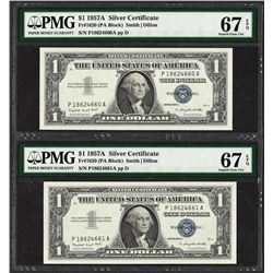 Lot of (2) Consecutive 1957A $1 Silver Certificate Notes PMG Superb Gem Unc. 67E