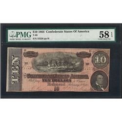 1864 $10 Confederate States of America Note T-68 PMG Choice About Uncirculated 5