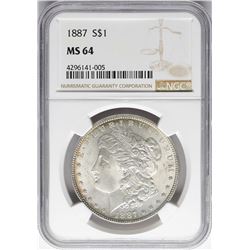 1887 $1 Morgan Silver Dollar Coin NGC MS64 Nice Toning