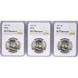 Lot of (3) 1960 Franklin Half Dollar Coins NGC MS64