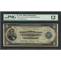 1918 $5 Federal Reserve Bank Note Philadelphia Fr.783 PMG Fine 12
