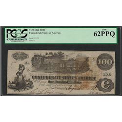 1862 $100 Confederate States of America Note T-39 PCGS New 62PPQ