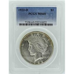 1922-D $1 Peace Silver Dollar Coin PCGS MS65