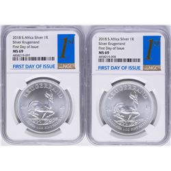 Lot of (2) 2018 South Africa Krugerrand Silver Coins NGC MS69 First Day of Issue