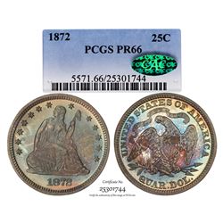 1872 Proof Seated Liberty Quarter Coin Coin PCGS PR66 CAC Amazing Toning