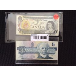 Lot of 2 Canada 1973 1.00 replacement note and 5 dollar bill