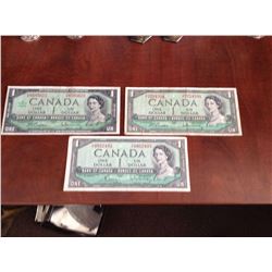 Lot of 3 Canada 1954 one dollar bills