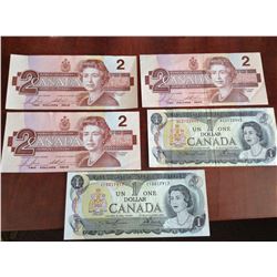 Lot of 5 Canada bills 2.00 and 1.00